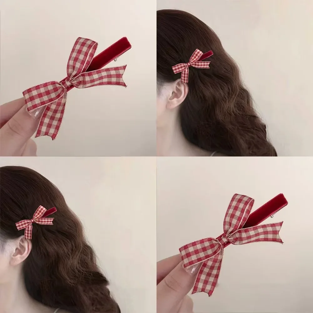 

Red Plaid Bow Hair Clip for Sweet Hair Accessory Side Clasp Barrette Cute Daily Wear