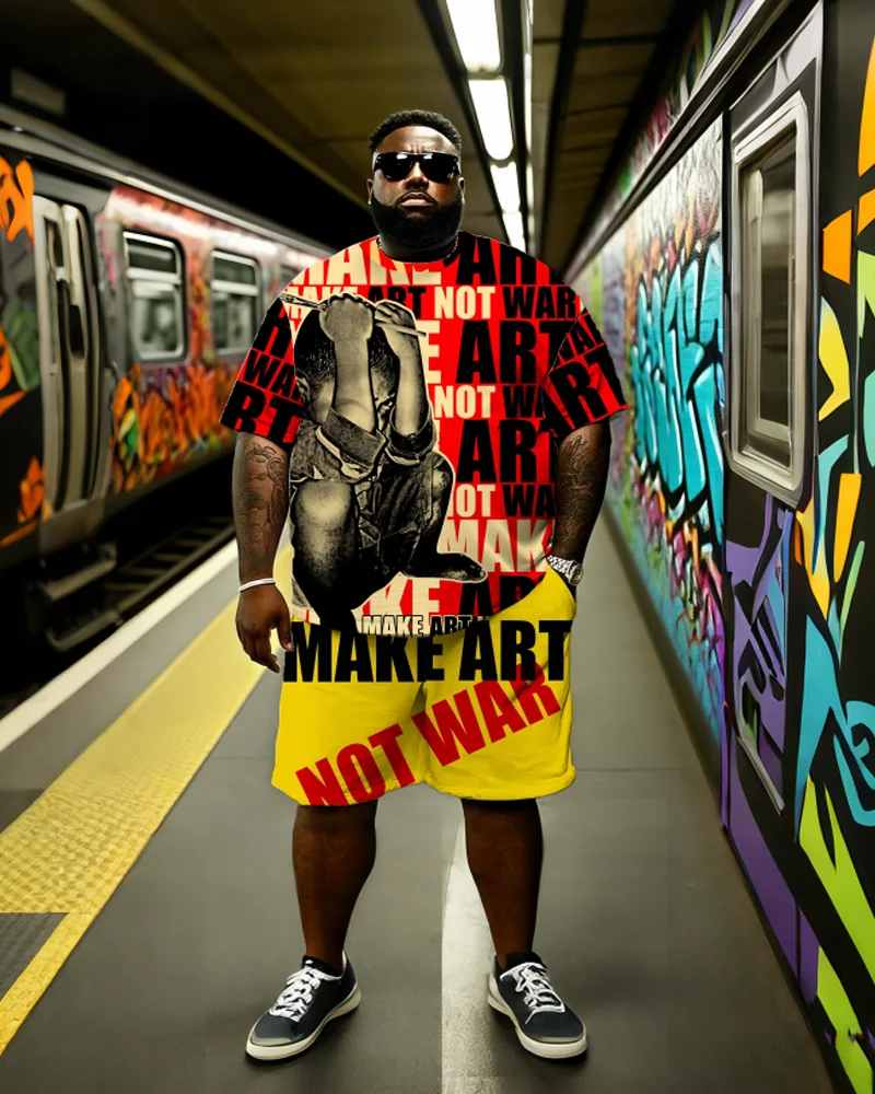 

9XL Plus Size Men's Hip Hop Anti-War Graphic T-Shirt & Shorts Set - Soft Breathable Streetwear Outfit