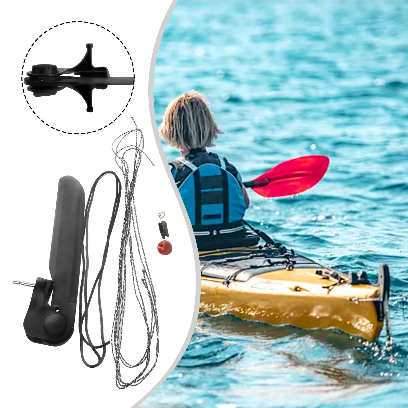 Rudder Steering Kit for Kayaks with Rotating Foot Pedals Stern-Fit Rubber Mount and 5mm 2.7m + 2.2mm 3.5m Ropes
