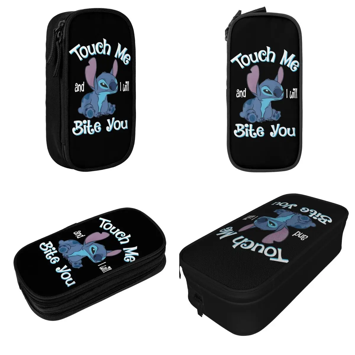 Stitch Touch Me And I Will Bite You Pen Box for Kid Kawaii Stitch And Lilo Double Layer Pencil Box Make Up Bag