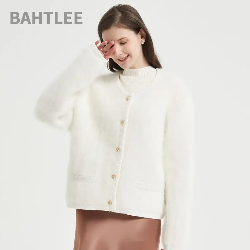 BAHTLEE-Women's Angora Knitted Cardigans, Single-Breasted Sweater, Wool Coat, Long Sleeves, O-Neck, Winter