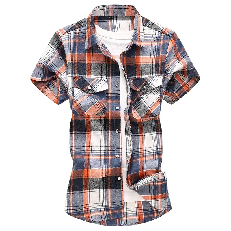 

Striped Plaid Short-sleeved Shirt Men's Single-breasted Square Collar Cotton Shirts Summer Fashion Casual Camisa Men Chemise 7XL