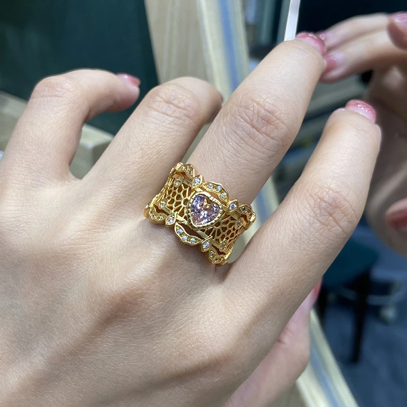 

fashion ring gold color vintage style wide hollowed-out heart pink crystal zirconia jewelry daily wear party jewelry women