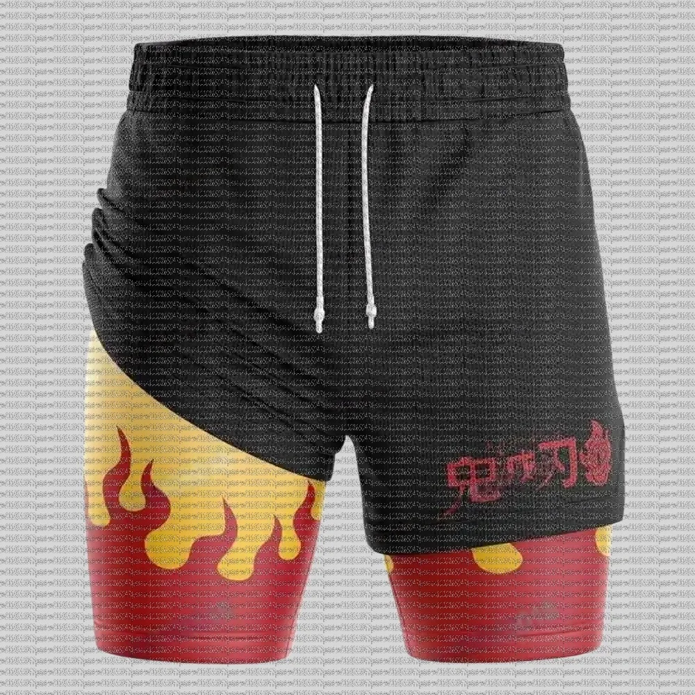 Demon Slayer Performance 2 in 1 Shorts Rash Guard BJJ Boxing MMA Summer Men Running Compression Shorts Training Yoga GYM Sports