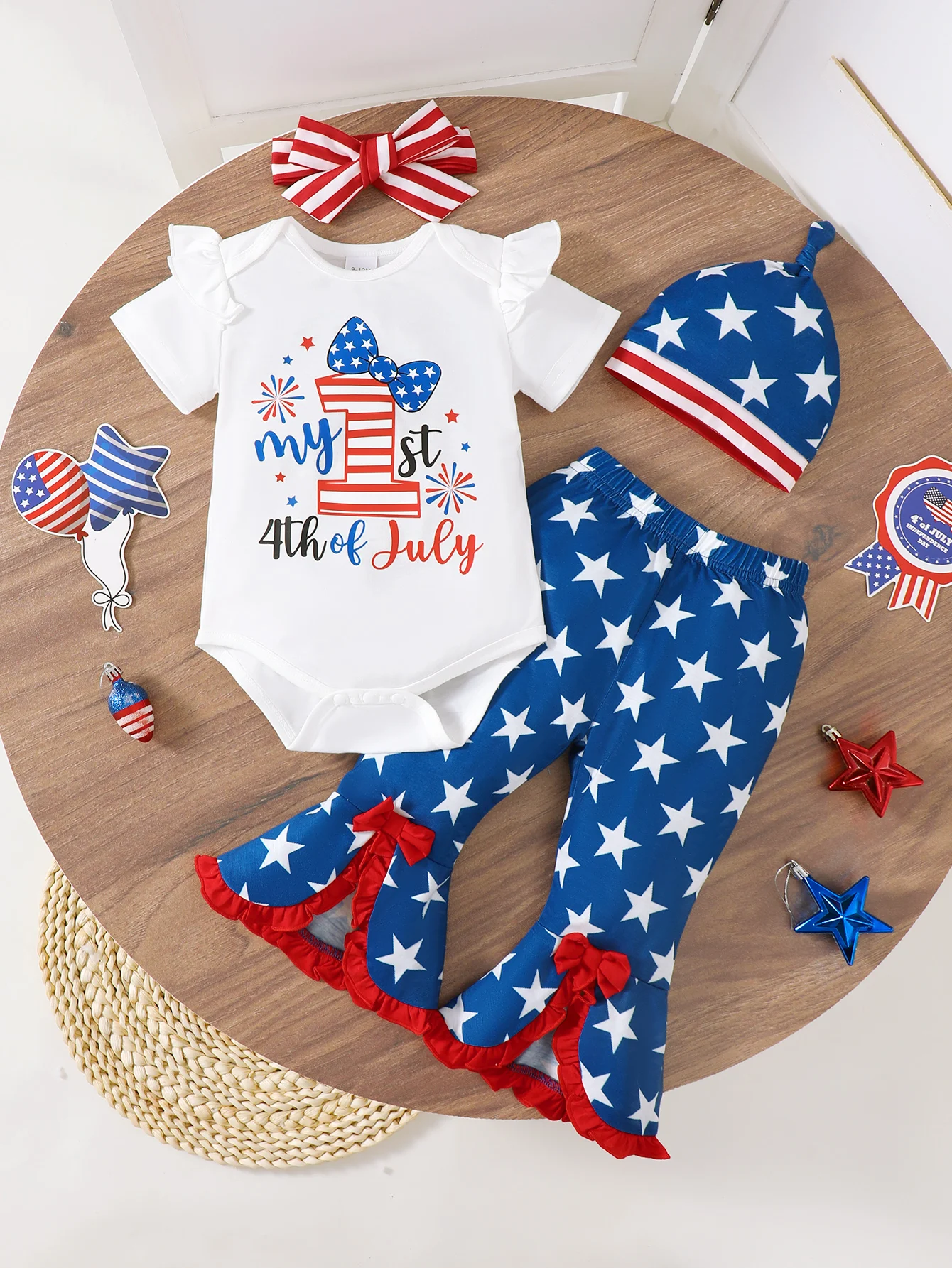 0-18M Baby Girl Outfit 4Pcs Ruffle Sleeve Bodysuit+Star Bell Bottom Pants+Hat Headband Fashion Summer Newborn Casual Clothes Set
