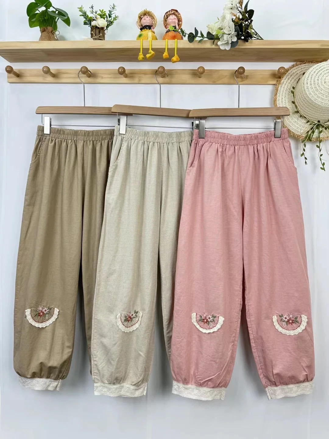 

Mori Girl Embroidery Lace Patchwork Linen Harem Pants Women Spring Summer Japanese Style Loose Thin Nine-Point Bloomers