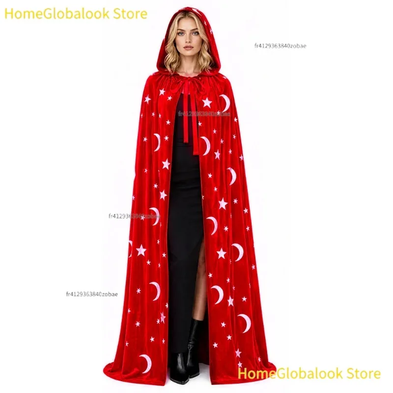 Manteau de cosplay de mariée vampire pour Halloween, motif étoiles et lune, châle à capuche en velours doré, robe douce et confortable, accessoire de photo pour déguisement, tenue de jeu de rôle de magicienne pour femmes, idéal pour Halloween, carnaval, soirée à thème, spectacle sur scène, accessoires de costume pour fêtes et événements.