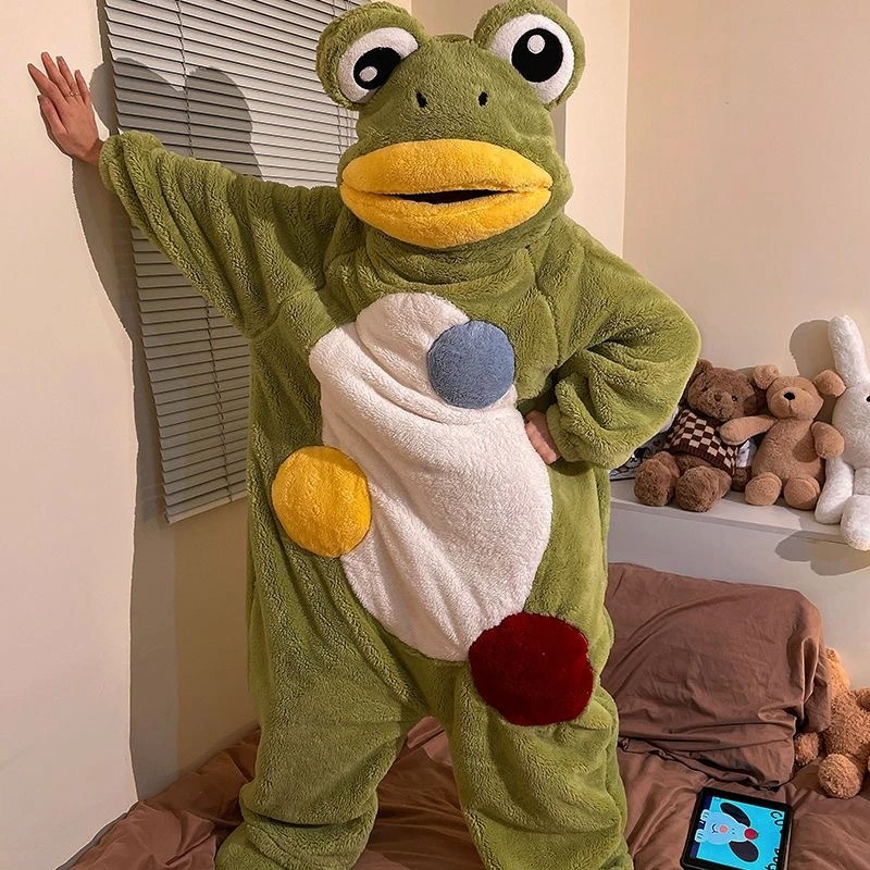 Halloween Funny Frog Pajamas One-piece Coral Fleece Thick and Warm Home Wear Autumn Winter for Women