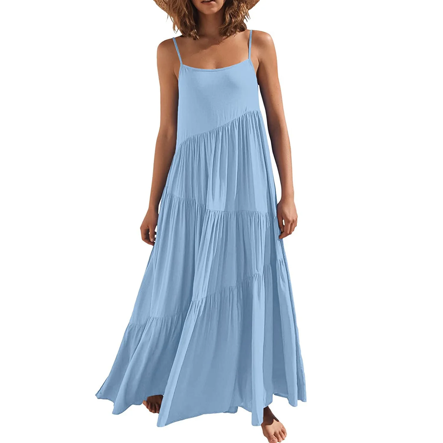 2026 NEU Damen Trägerloses Kleid Locker Sitzendes Ärmelloses Einfarbiges Langes Kleid Sommer Plissiertes Lässiges Resort-Kleid