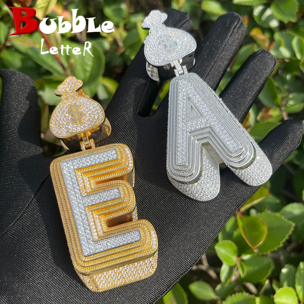 

Bubble Letter Prong Setting Pendant Iced Out Initial Necklace for Men Gold Plated Hip Hop Fashion Jewelry Money Bag Bail