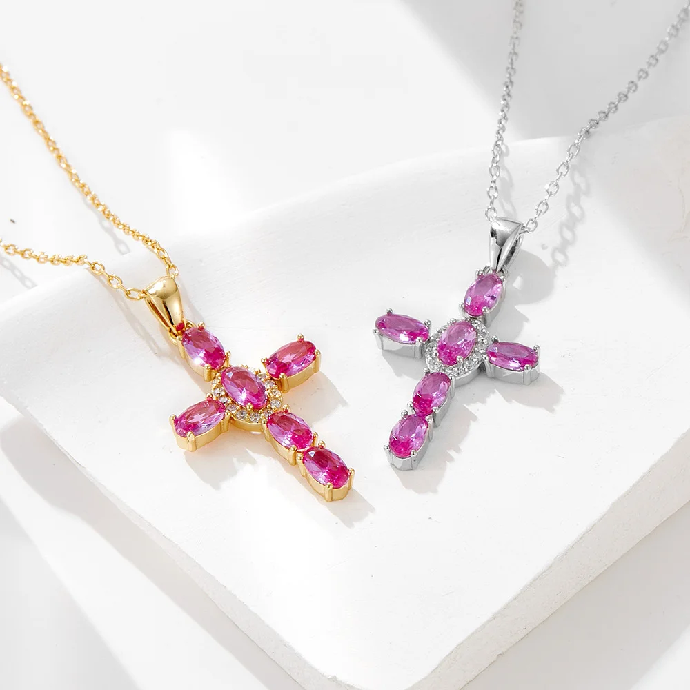 

EuropeanAmerican New Arrival S925 Sterling Silver Necklace for Women Cross Colorful Zircon Fashion Personalized Collarbone Chain