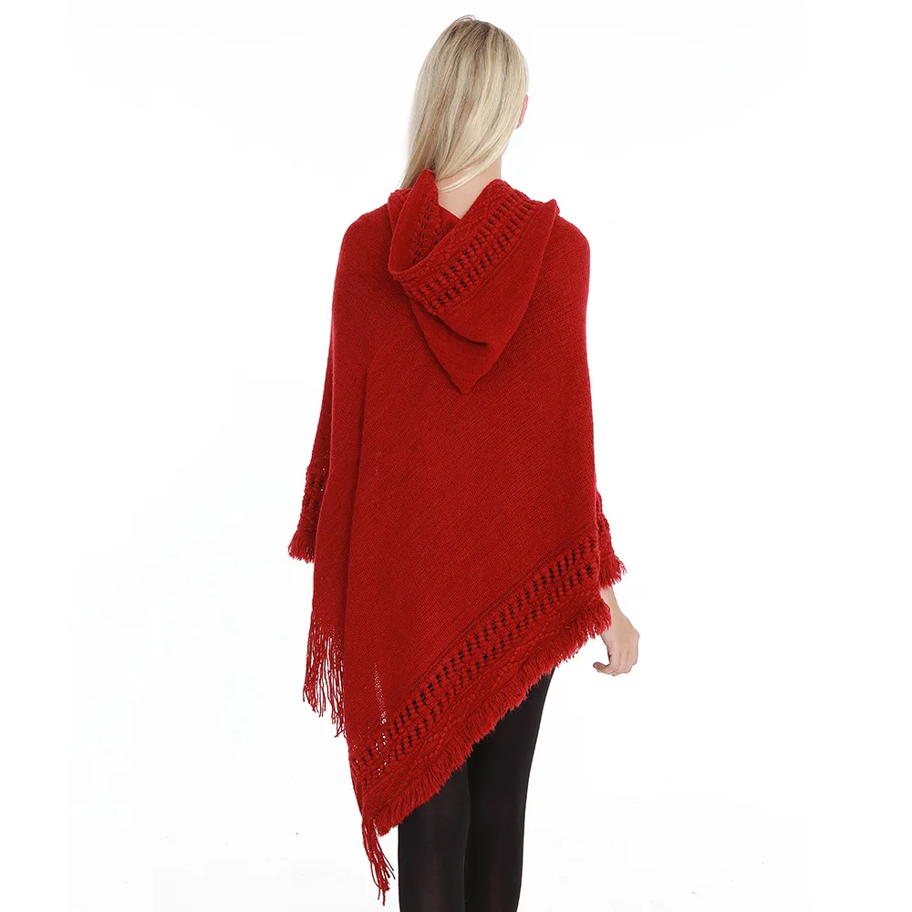 Spring Autumn New Women Winter Knit Hooded Poncho Cape Crochet Fringed Tassel Shawl Wrap Sweater Even Hat Girls Keep Warm Red