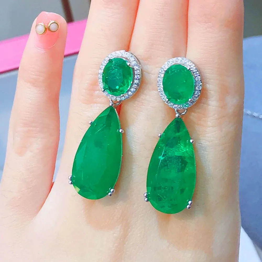 Silver Color Charms Big Drop Earrings for Women Vintage Paraiba Tourmaline Emerald Gemstone Wedding Earrings Fine Jewelry Gift