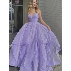 Angelsbridep Customized Glitter Tiered Purple Prom Dresses Robes De Soirée Spaghetti Straps V-Neck Women Evening Gowns