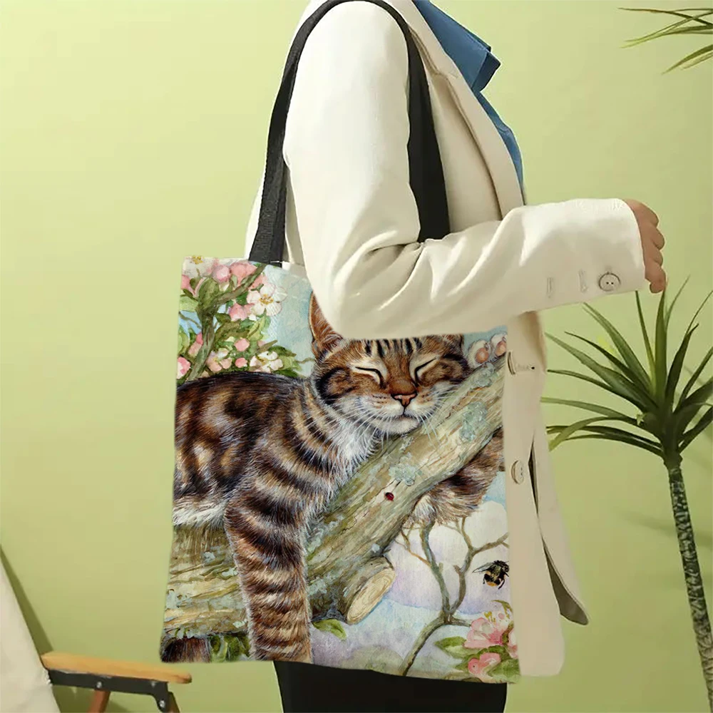 Tote Bag With Cartoon Cats Oil Painting Reusable Foldable Leisure Handbag Portable Shoulder Bag For Class Shopping Gym