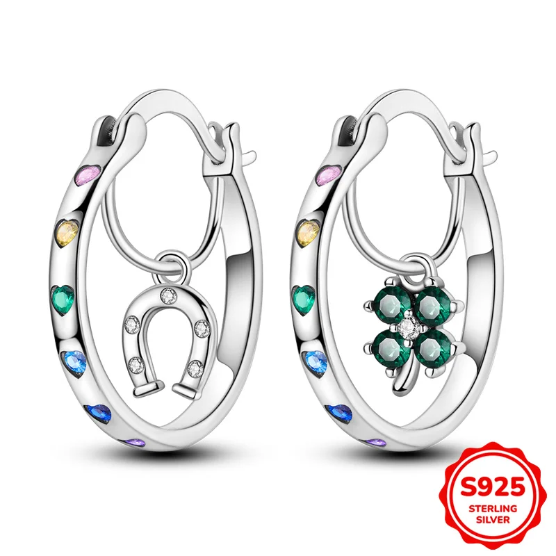 

100% 925 Sterling Silver Earrings Women Inner Clover Horseshoe Hoop Earring For Anniversary Wedding Jewelry Gift