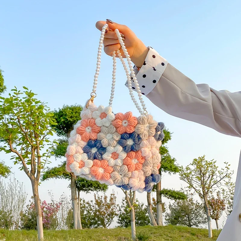 Flower Hand Woven DIY Knitted Bag Women Cotton Woolen Daisy Bag New Shoulder Messenger Bag Rural Style Pearl Chain Crochet Bag