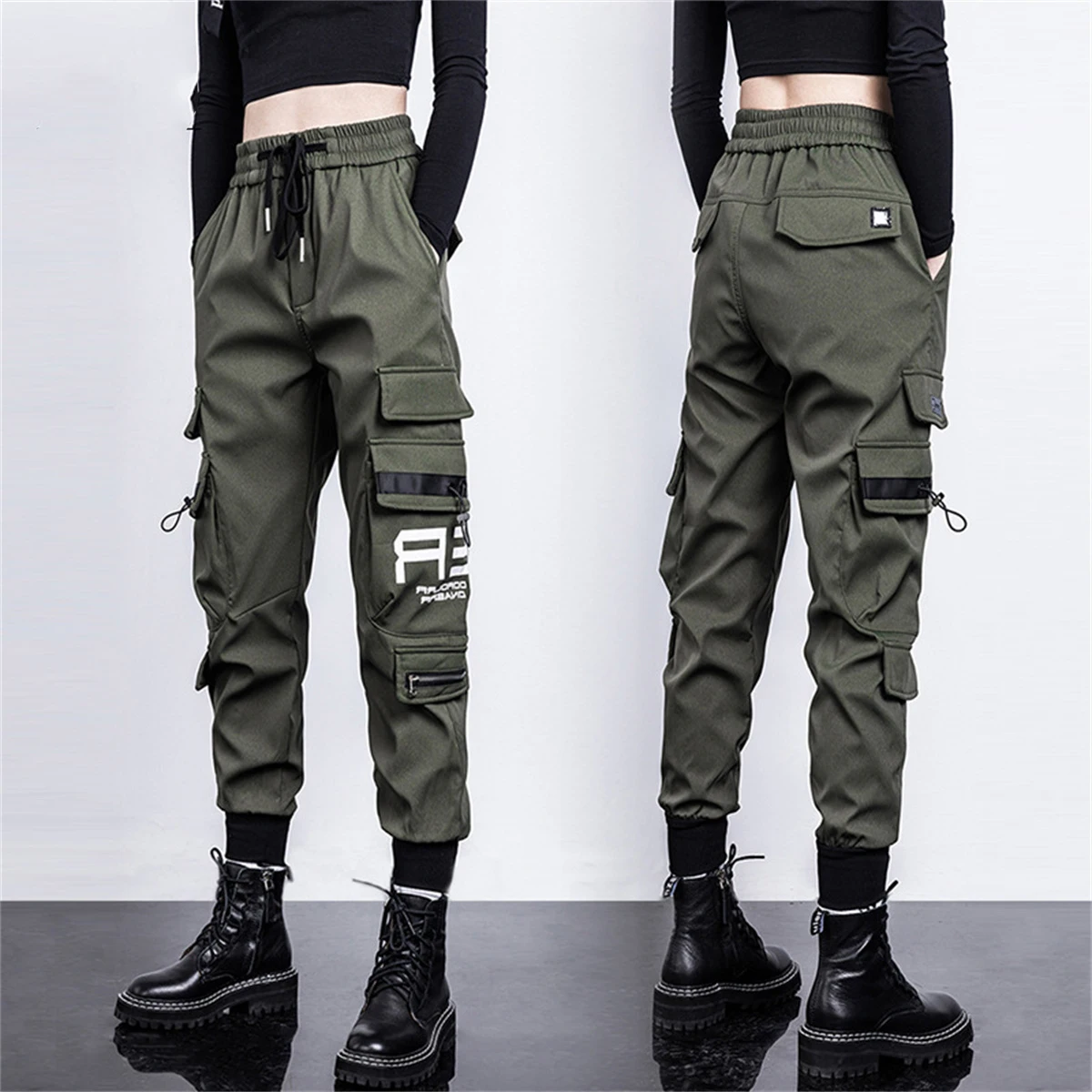 Pantalones Cargo negros para mujer, pantalón informal de cintura alta, holgado, Hip Hop, Punk coreano, Capri divertido, ropa de calle para mujer