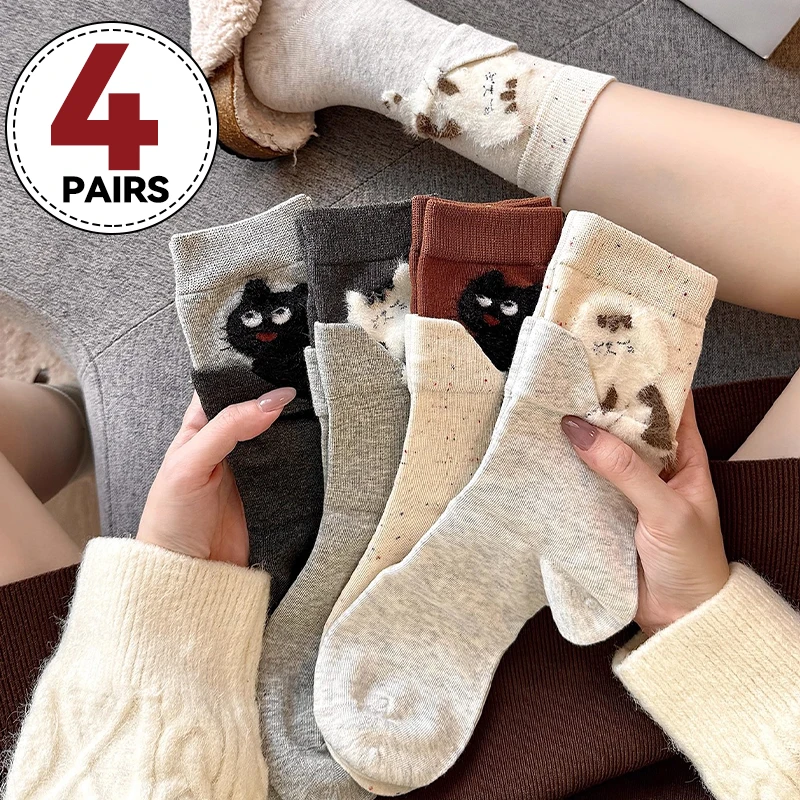 

Kawaii Cartoon Kitten Fleece Mid-Calf Socks Block Plush Cat Print Autumn Warm Cotton Long Sock False Two-piece Pile Up Socks