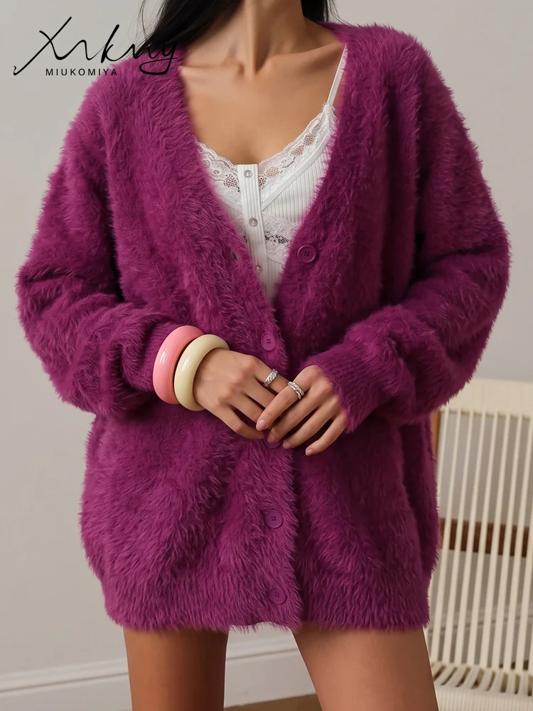 MiuKoMiYa Imitation Mink Cardigan Women Oversize Warm Knitted Jackets Purple Loose Sweaters Women's Green Fluffy Cardigans