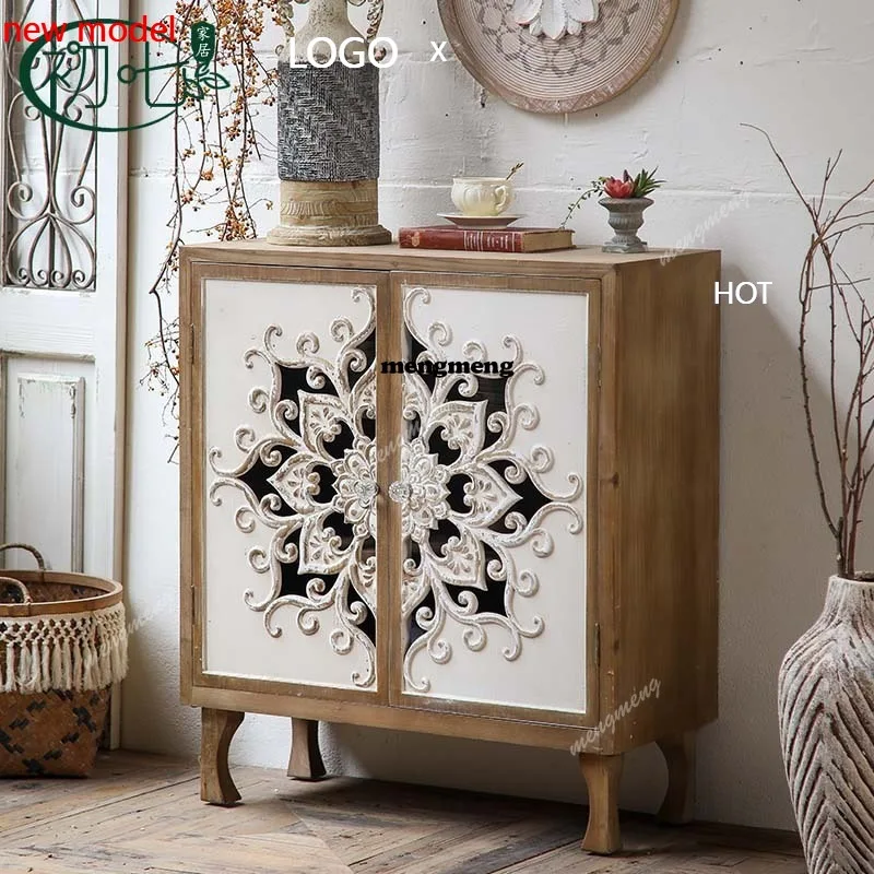 

H132 Retro carved entrance shoe cabinet American country old relief decorative cabinet household corridor aisle cabinet