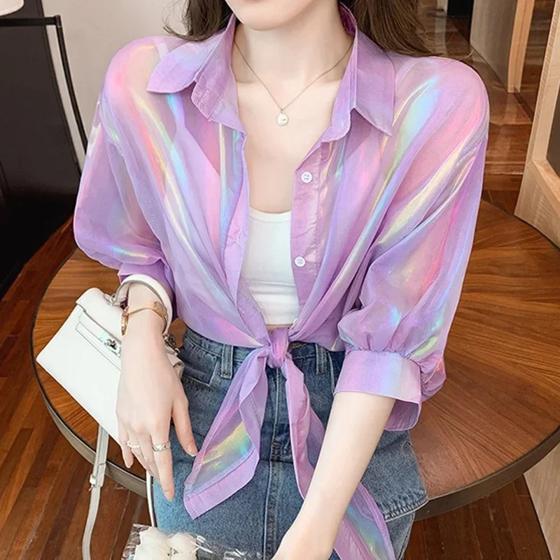 Top Buttoned Up Shirts Women Half Sleeve Shining Sparkles Tied Waist Sexy Chiffon Blouses Shirts For Women 2023 Summer Autumn