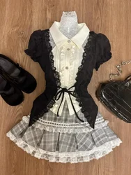 Japanese Sweet Preppy Style Outfits 2 Piece Set Women Vintage Kawaii Lace Patchwork Tops + Y2k Plaid Slim Mini Skirt Female New