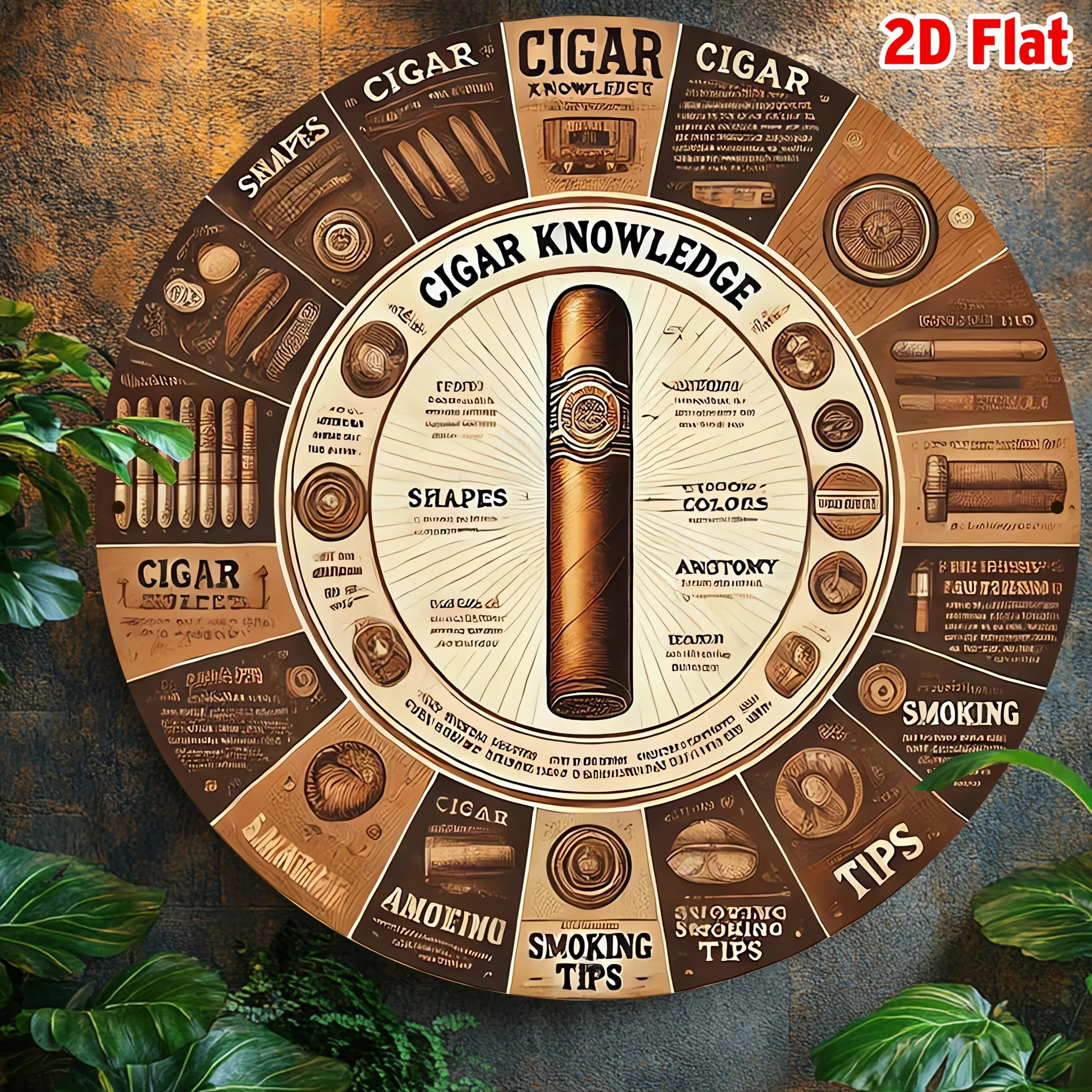 2D Flat - Vintage Cigar Knowledge Infographic Round Aluminum Wall Art Sign - Gentleman'S Club Style Decor Shapes, Wraps, and Smo view 6