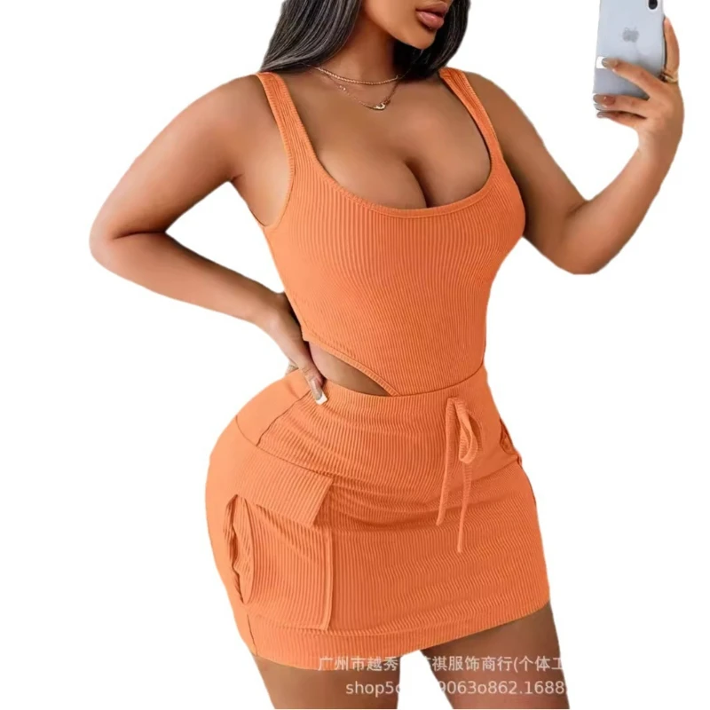 두 조각 세트 여성 스커트 세트 반바지 U 넥 매칭 세트 조끼 탑 짧은 스커트 라인 하이 웨이스트 캐주얼 힙합 랩 슬림 피트