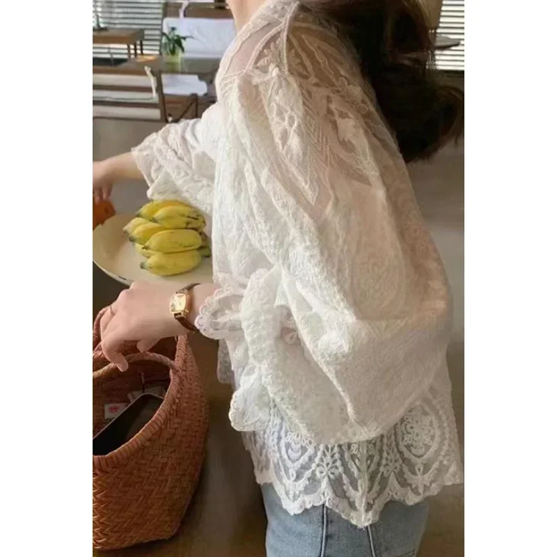 Stylish O Neck Simple Shirt Flare Long Sleeve Lace Blouse Ladies Loose Casual Crochet Hollow Tops Mujer Women Elegant New 27726