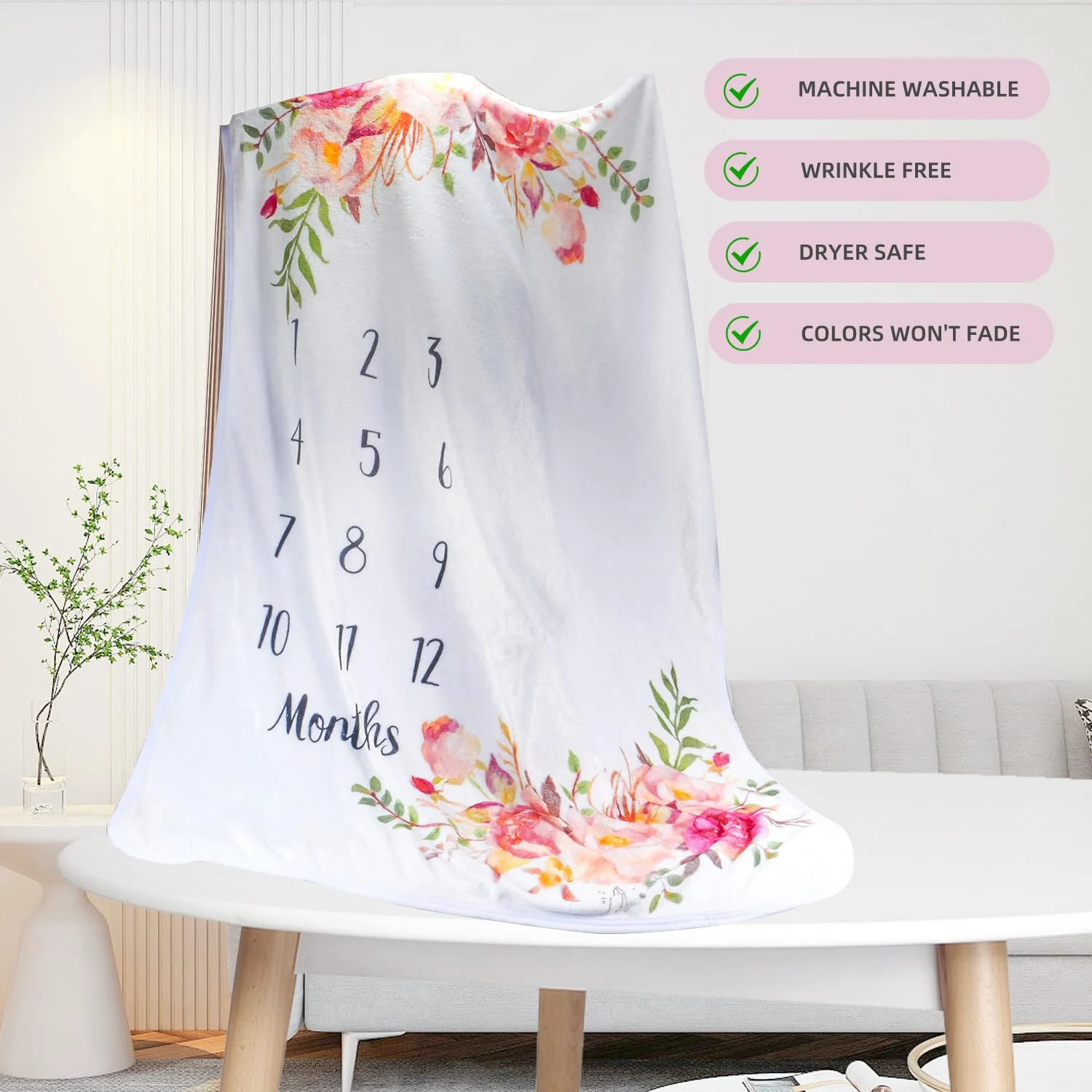 VIKAMA Baby Growth Record Blanket Watercolour Floral Fresh Design Newborn Gift 100-Day & First Birthday Commemorative