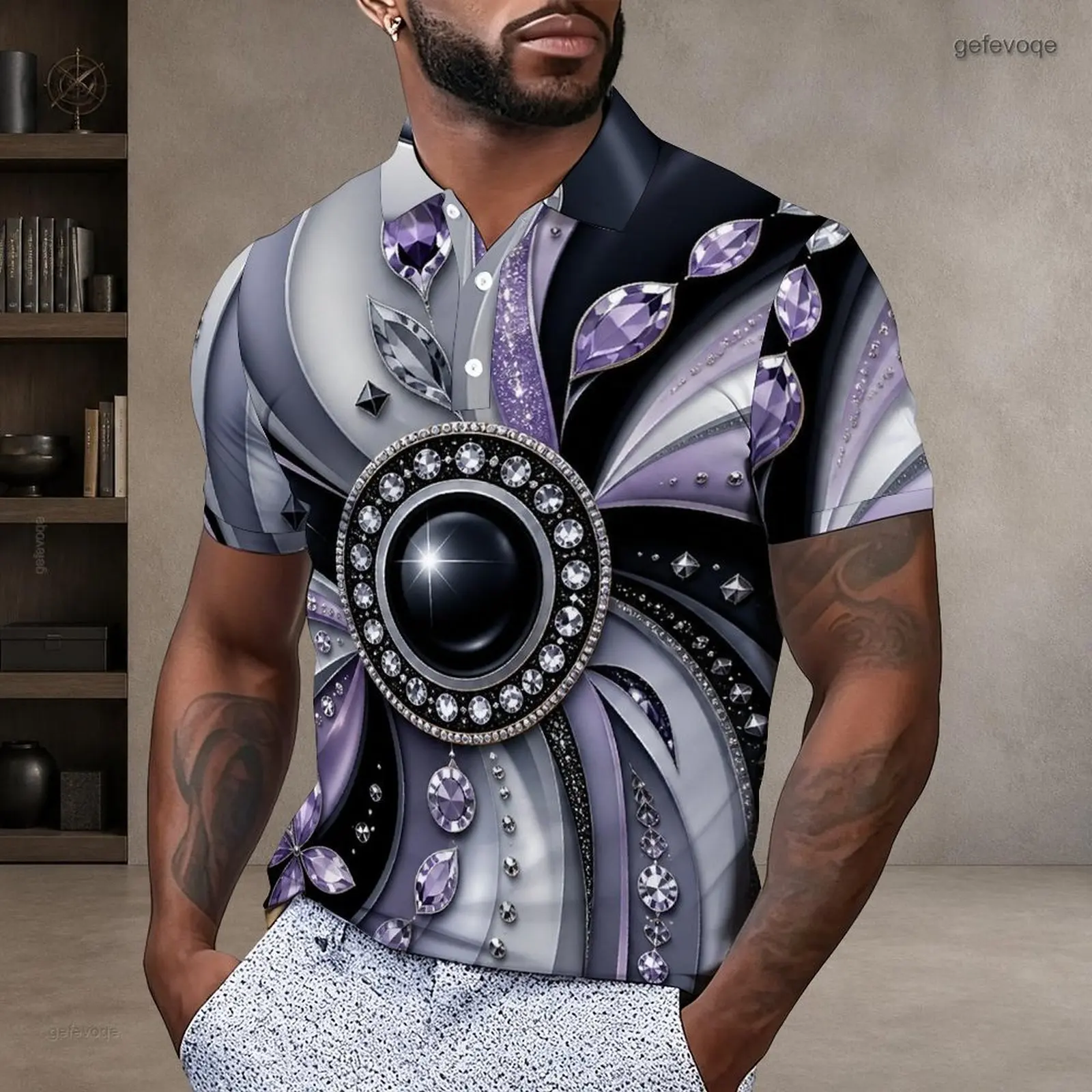Men Short Sleeve Collared Neck Button Placket Printed Polo Shirt