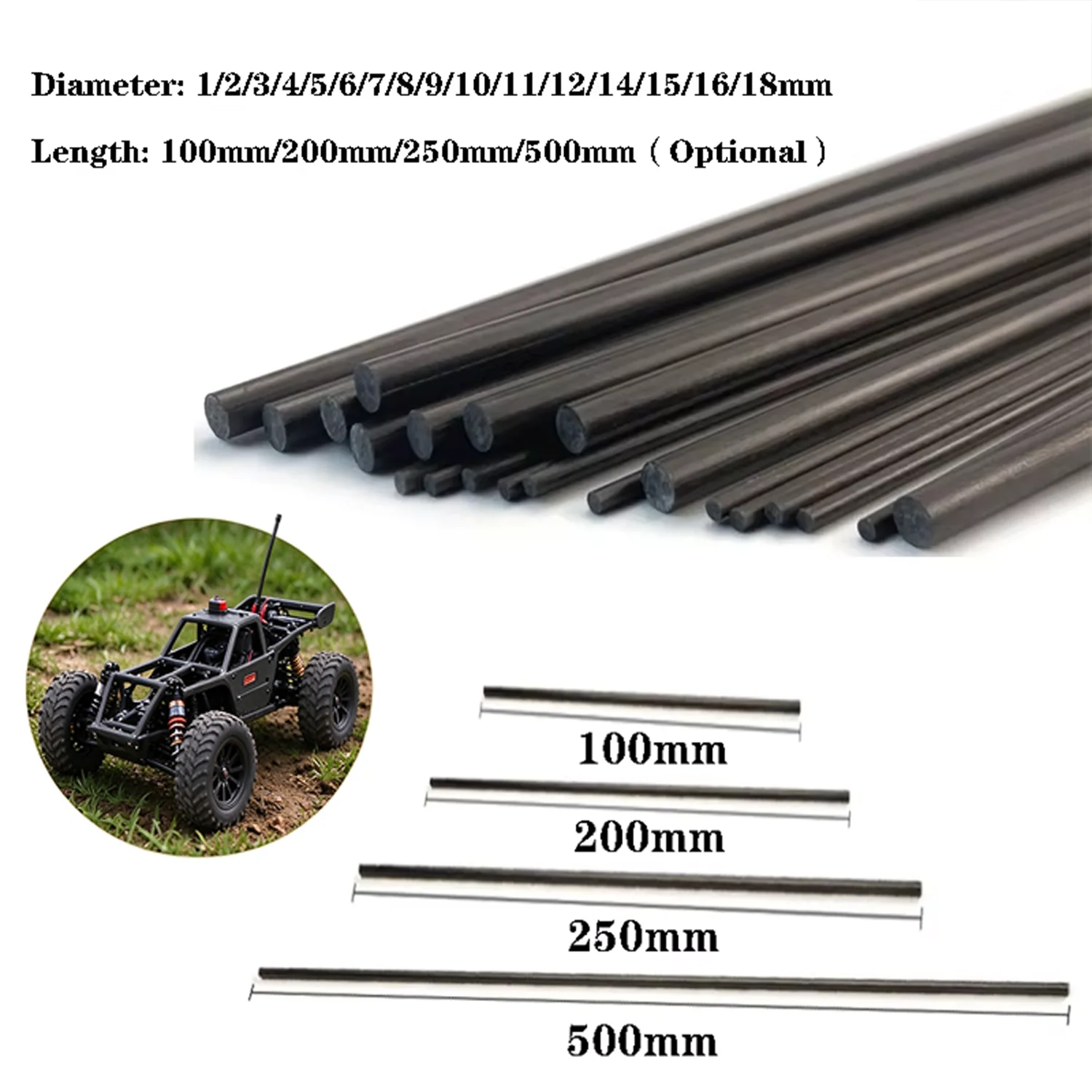 1/5/10 pcs 1mm-18mm Dia. Model Airplane Carbon Fiber Round Rod CFRP Stick Bar CF Solids Kite Carbon Fibre Rod C-BAR