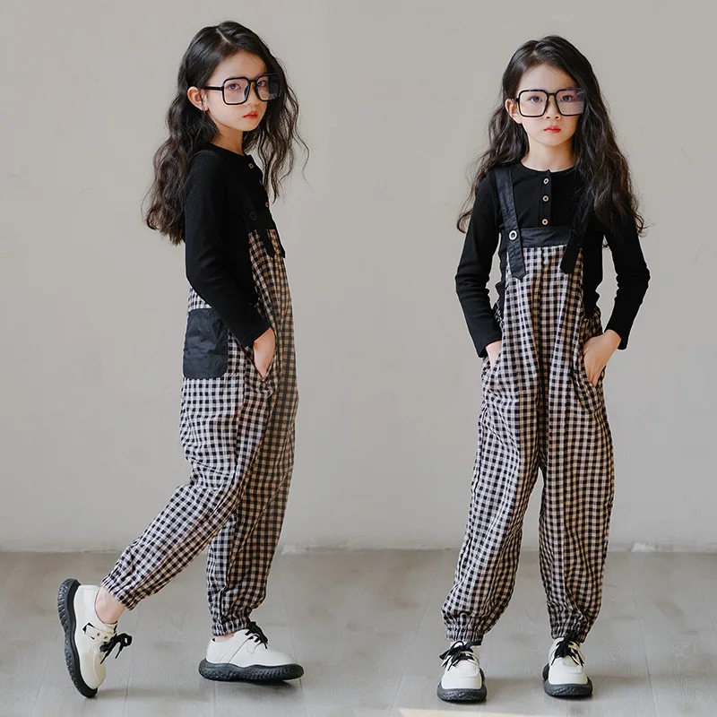 Spring Autumn Children Girl 2-piece Sets Teenager Girl Long Sleeve Undershirt+Checkered rompers Sets Girls From 4-12 Years Old