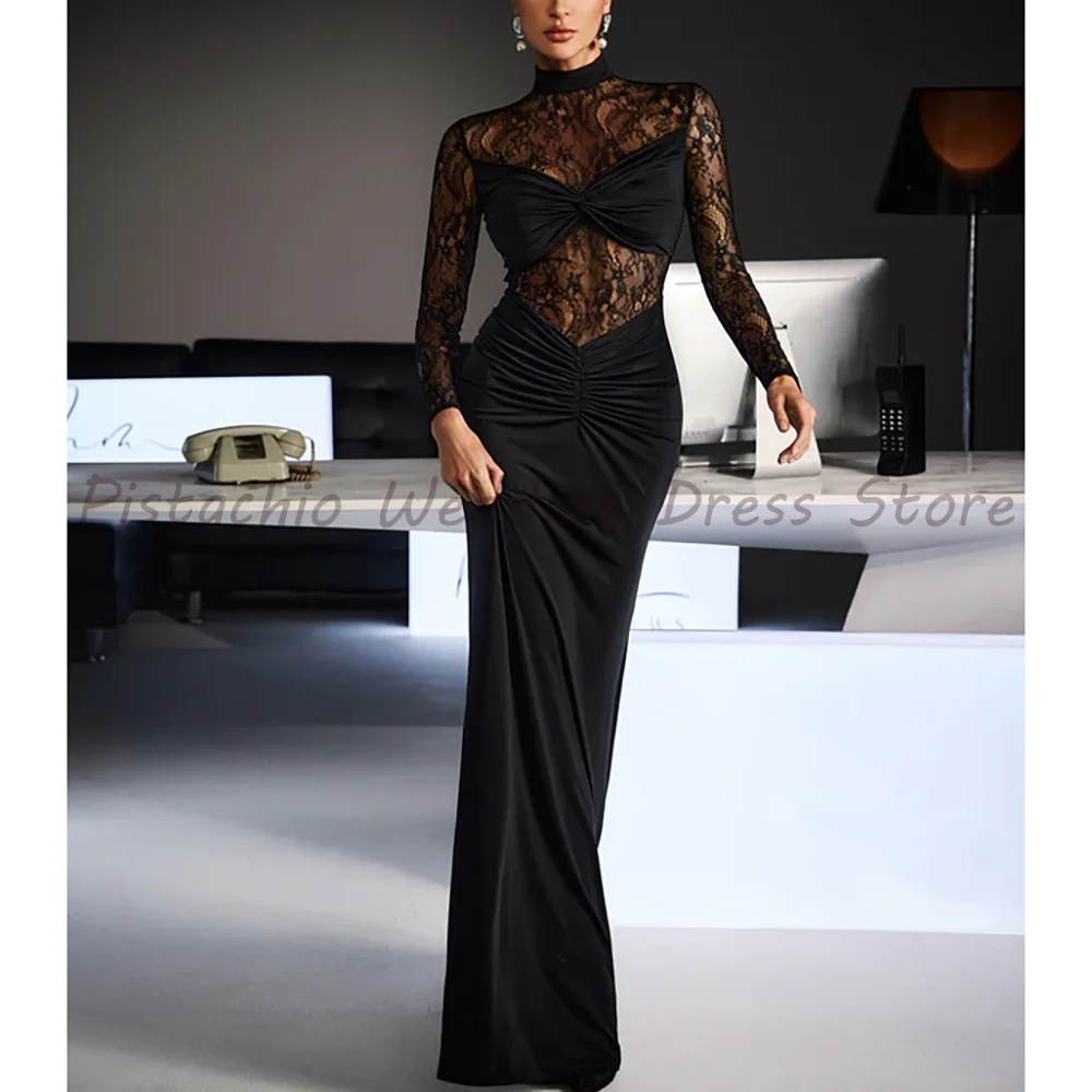 

Black High Neck Long Sleeve Lace Sheer Mesh Patchwork Mermaid Evening Dress 2026 Ruched Bodycon Maxi Prom Party Gown For Women