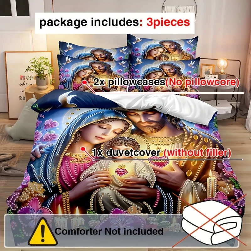 3pcs Jesus & Mary Print Duvet Cover Set (1 Queen Size + 2 Pillowcases) - 3D Digital Print, Ultra-Soft Polyester, Floral & Candle