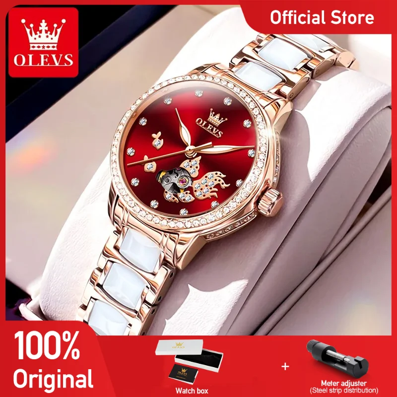 

OLEVS 7001 Ladies Watch Original Luxury Hollowed Automatic Mechanical Watch Waterproof Ceramics Strap Watches For Women Set Box