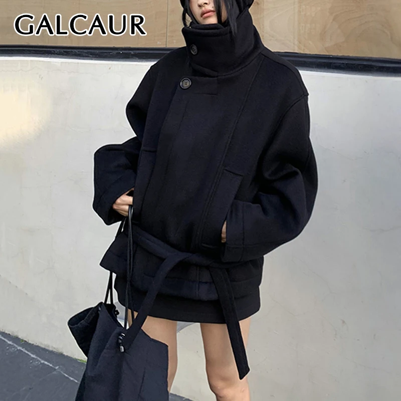 

GALCAUR Solid Wool Jacket Women Patchwork Single Button Stand Collar Long Sleeve Streetwear Spliced Lace Up Coat Female Clothing