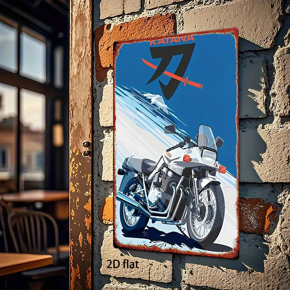 Vintage Japanese Motorcycle Metal Sign - Retro -like Bike Poster with Katana Sword, Blue Snow Mountain Background - Heavy-Duty