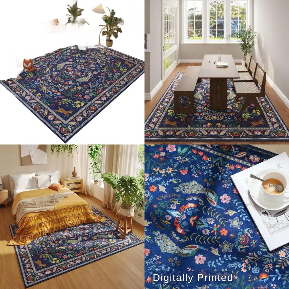 

Синий моющийся нескользящий коврик с низким ворсом 5x7 для гостиной, спальни, столовой и игровой комнаты