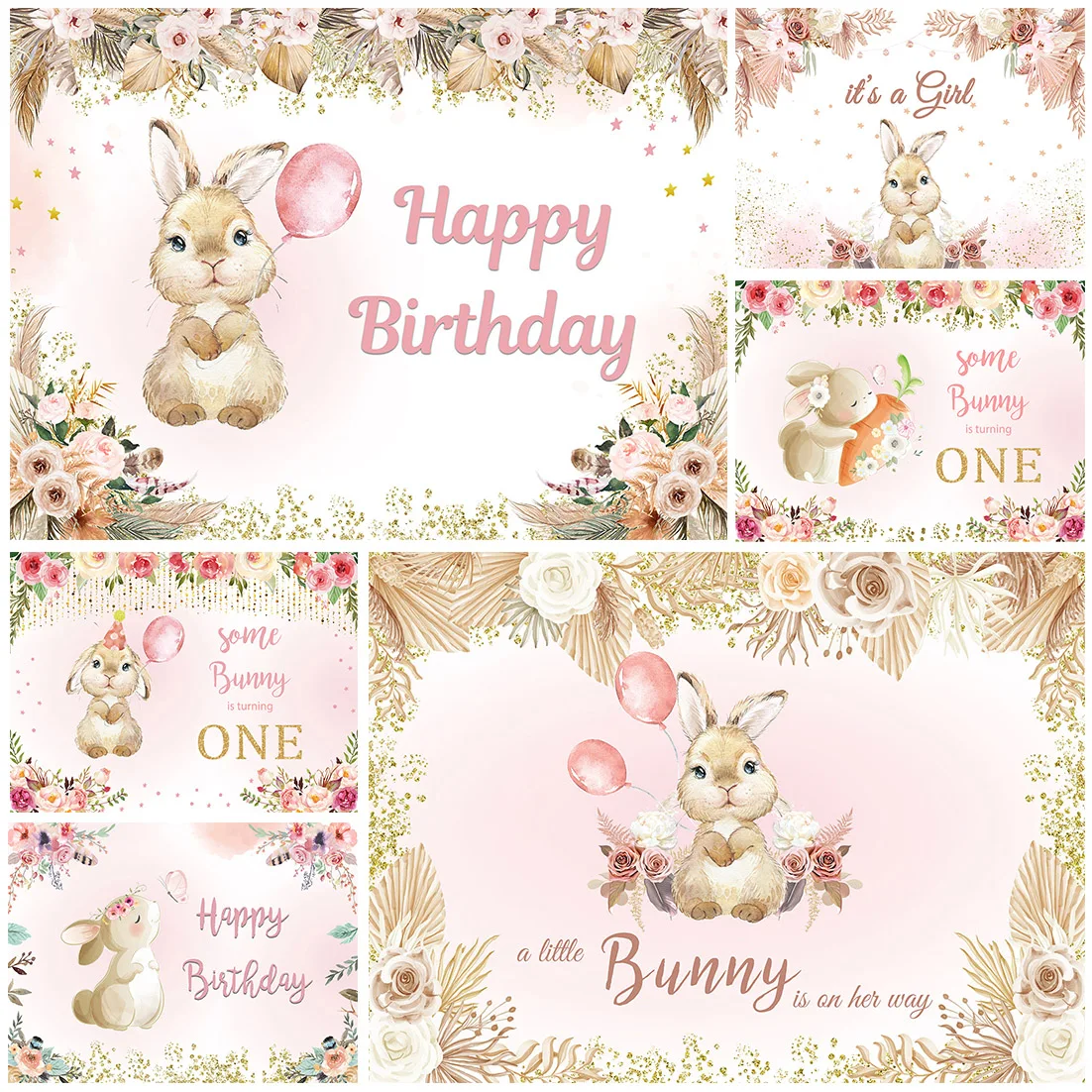 Custom Name Photography Background Floral Bunny Birthday Party Rabbit Balloons Decoration Bohemian Style Backdrop Photo Studio