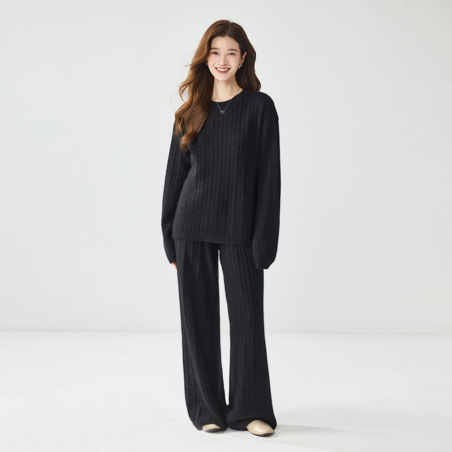 High Quality Women 100% Cashmere O-Neck Pullovers Wide Leg Pants Set Thick Casual Cashmere Knit Autumn Winter Knitwear Suit