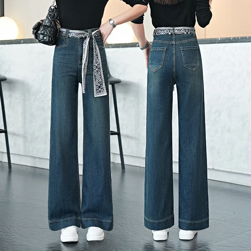

Модные мягкие джинсы с широкими штанинами и кружевным поясом для женщин, осенние новые утягивающие универсальные прямые брюки с высокой талией и драпировкой