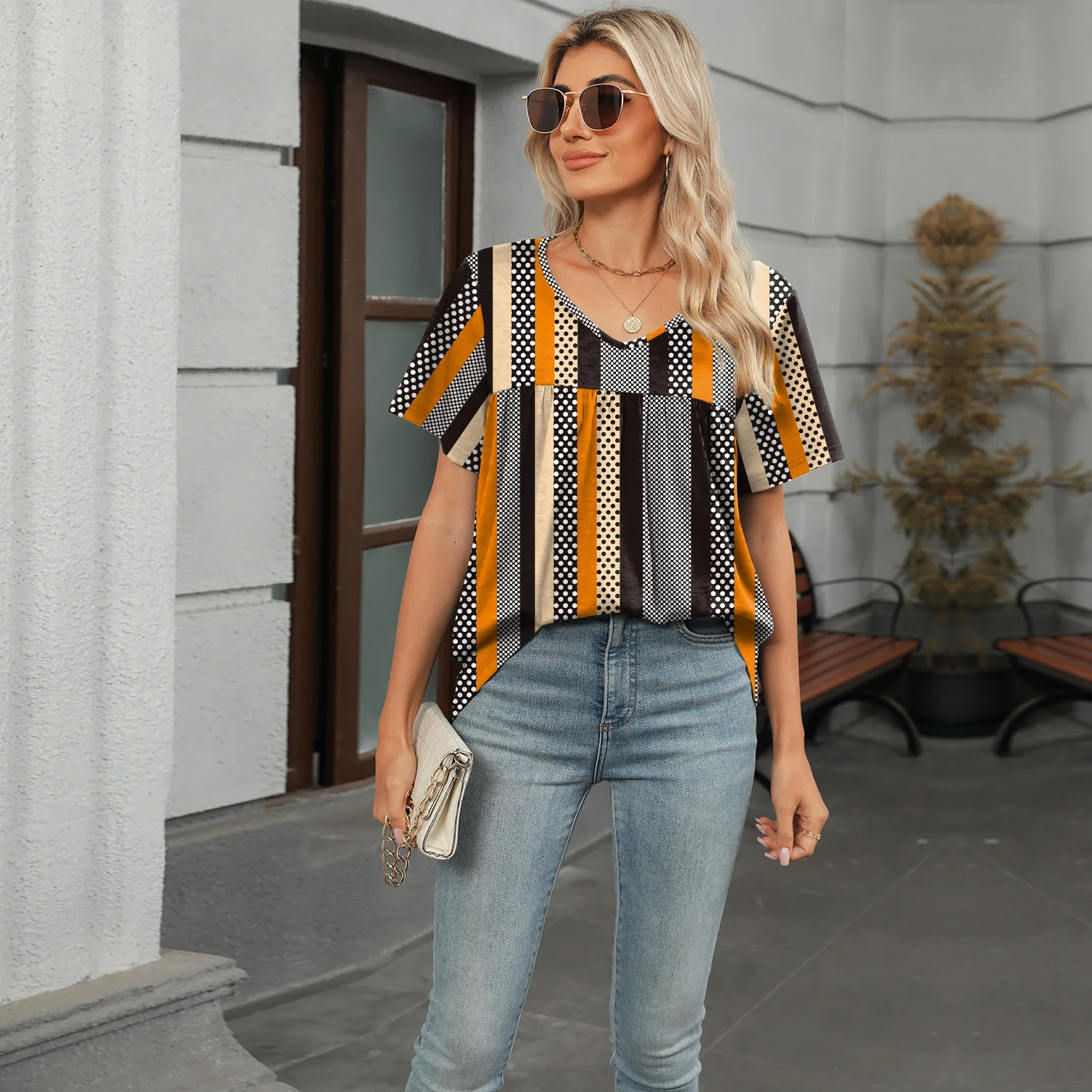 

Striped Print Blouses For Women 2025 New Summer Vintage Short Sleeve V-Neck Shirts Fashion Casual Pullover Loose Patchwork Tops