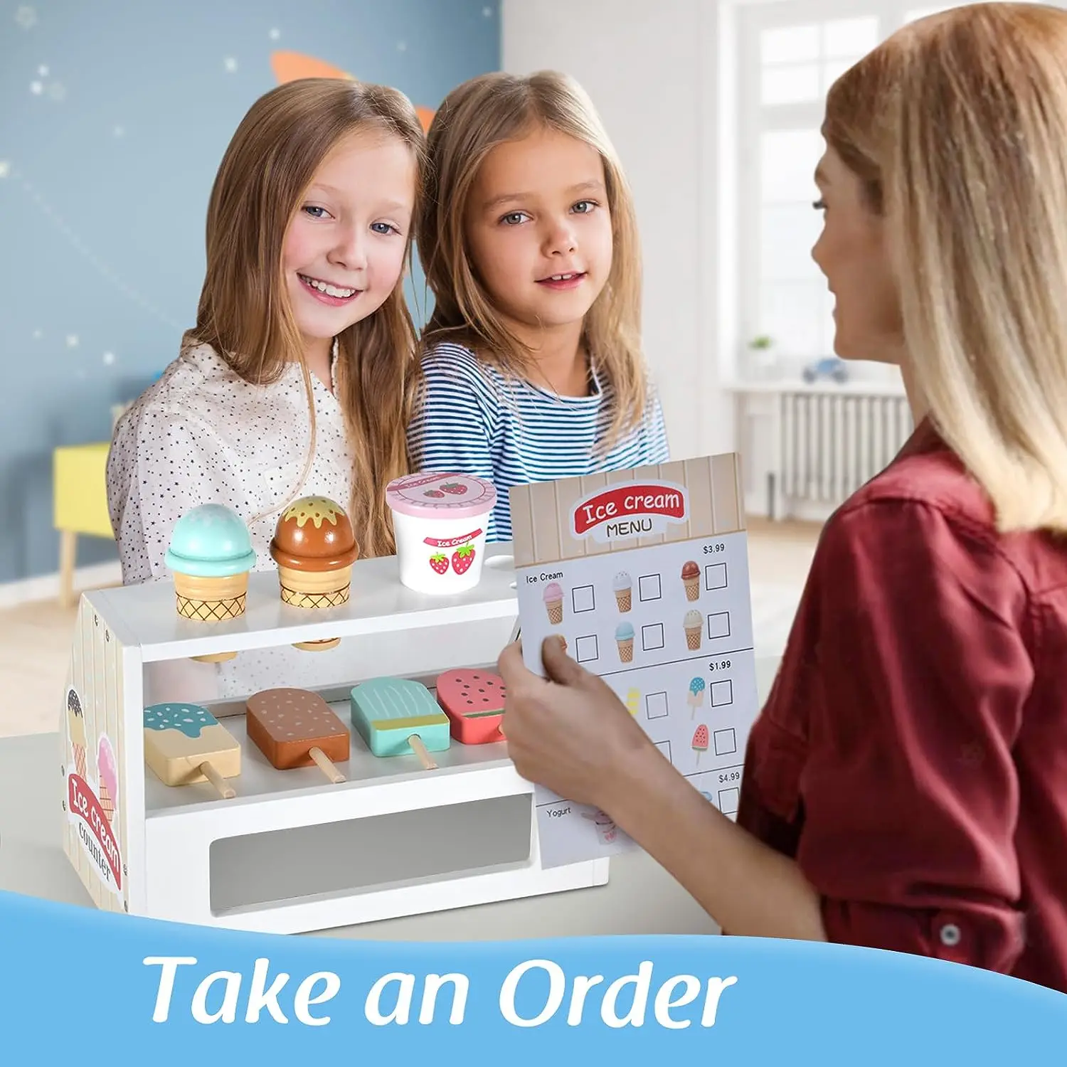 Ensemble de jeu de compteur de crème glacée en bois, jeu de simulation Montessori, jouets de cuisine pour enfants