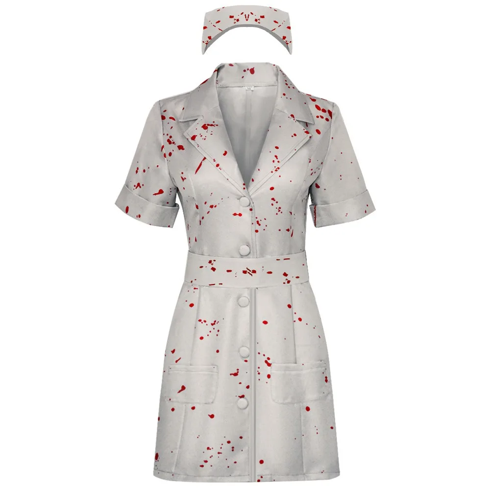 Costume d'infirmière zombie effrayant pour femme – Tenue de cosplay complète d'Halloween avec robe, casquette, détails de ceinture