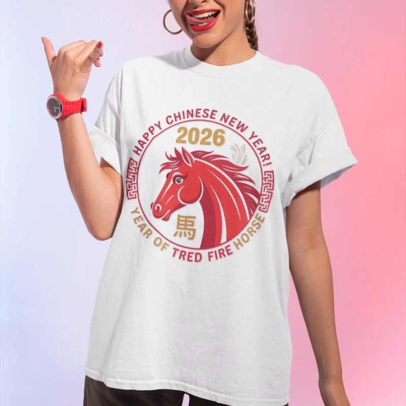 Horse Cotton T-Shirt Lunar New Year 2026, Chinese Zodiac Year of Horses Tee, Fire Horse Tshirt Casual Soft Comfortable Outdoors