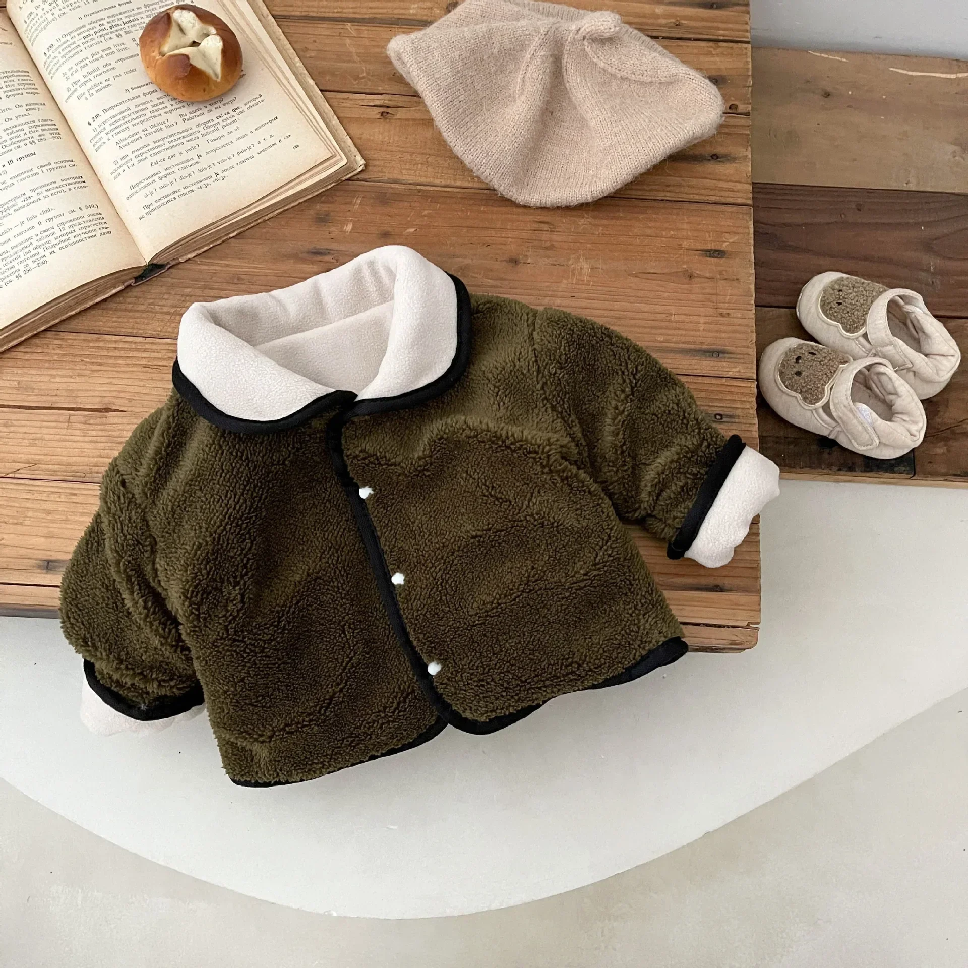 Autumn Winter Boy Girl Children Plus Velvet Thicken Warm Jacket Baby Solid Fleece Lapel Long Sleeves Tops Kid Retro Casual Coat