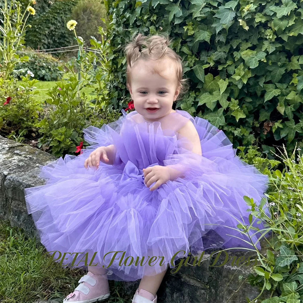 Petal Lavender Purple with Bow First Communion Gown Ruffle Bust Girls Princess Dress Knee Length Evening Party Dress for Girls