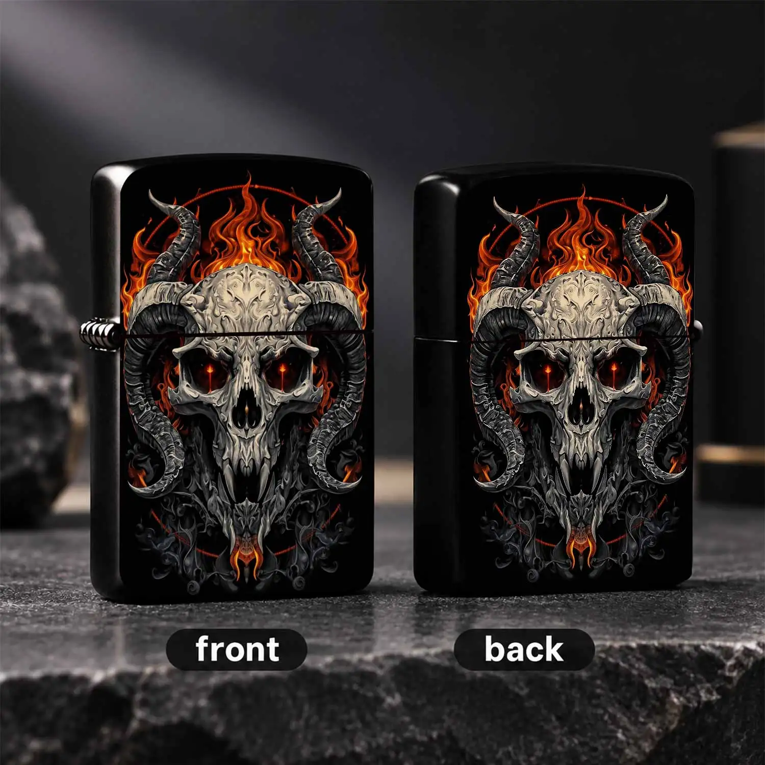 Vintage Carved Horned Skull Lighter With Fiery Surrounding, Gothic Stylish Portable Ignition Accessory For Daily Outdoor Multi-Scenario Use, Exquisite Unique Cool Collectible Gift For Friends And Dark Aesthetic Lovers A Humorou And Interest